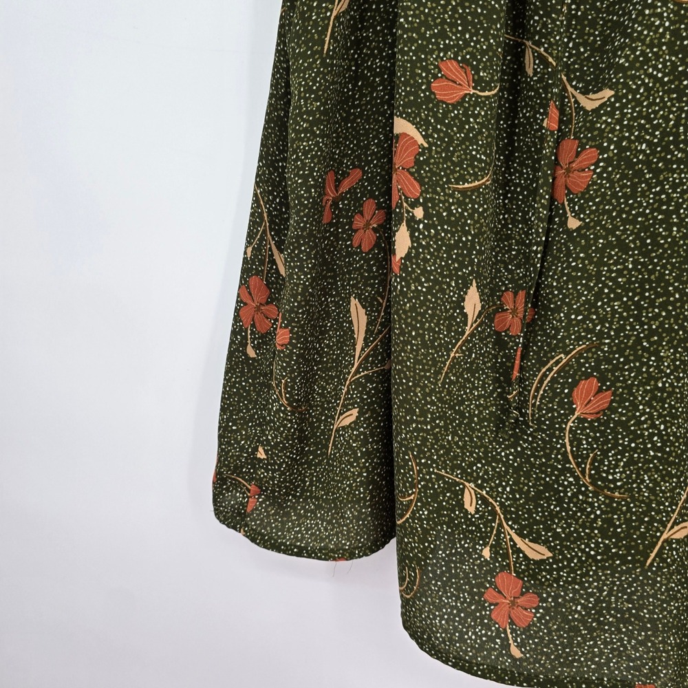 Les Serein Womens 2X Olive Green Floral Ruffle Cap Sleeve V-Neck Tie Blouse - Picture 7 of 10
